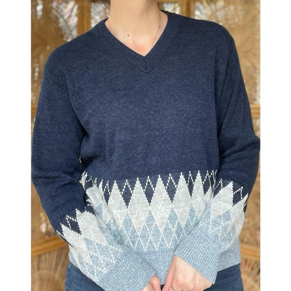Navy Blue Vintage Argyle Acrylic Knit V-Neck Sweater Sears Sportswear M